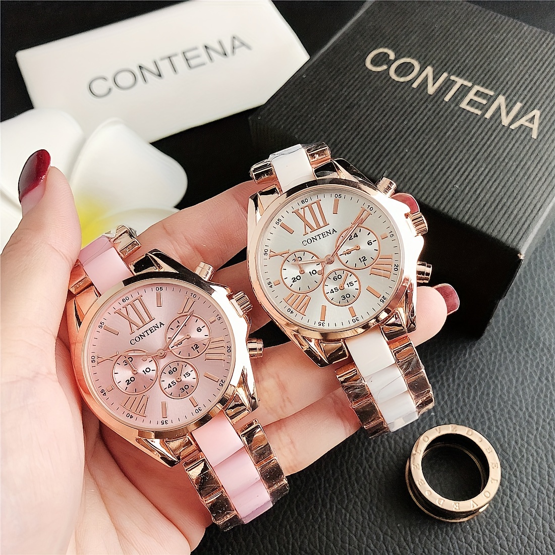 

1pc Matching Contena Luxury Rose Golden Quartz Watches, Women's Fashion Wristwatch Set With Roman Numerals, Elegant Female Timepieces For Daily Life And Travel (watch Only)