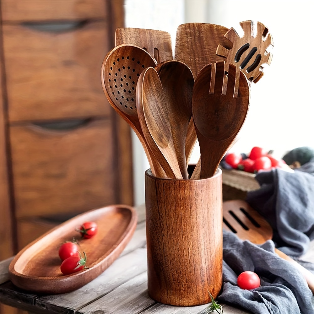  Wood Utensils Set for Cooking, Teak Wooden Utensils Set Wood  Spatula for Nonstick Cookware Kitchen Utensils Set 5: Home & Kitchen