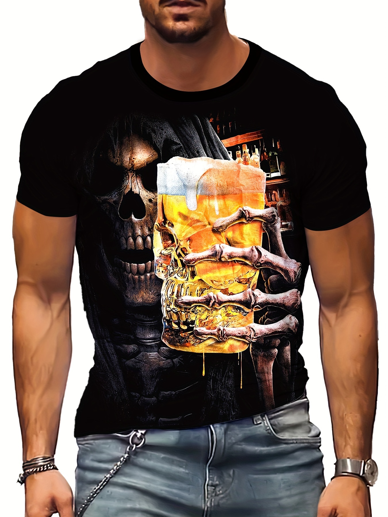 amidoa Mens Shirts Casual Stylish Short Sleeve 3D Beer Graphic