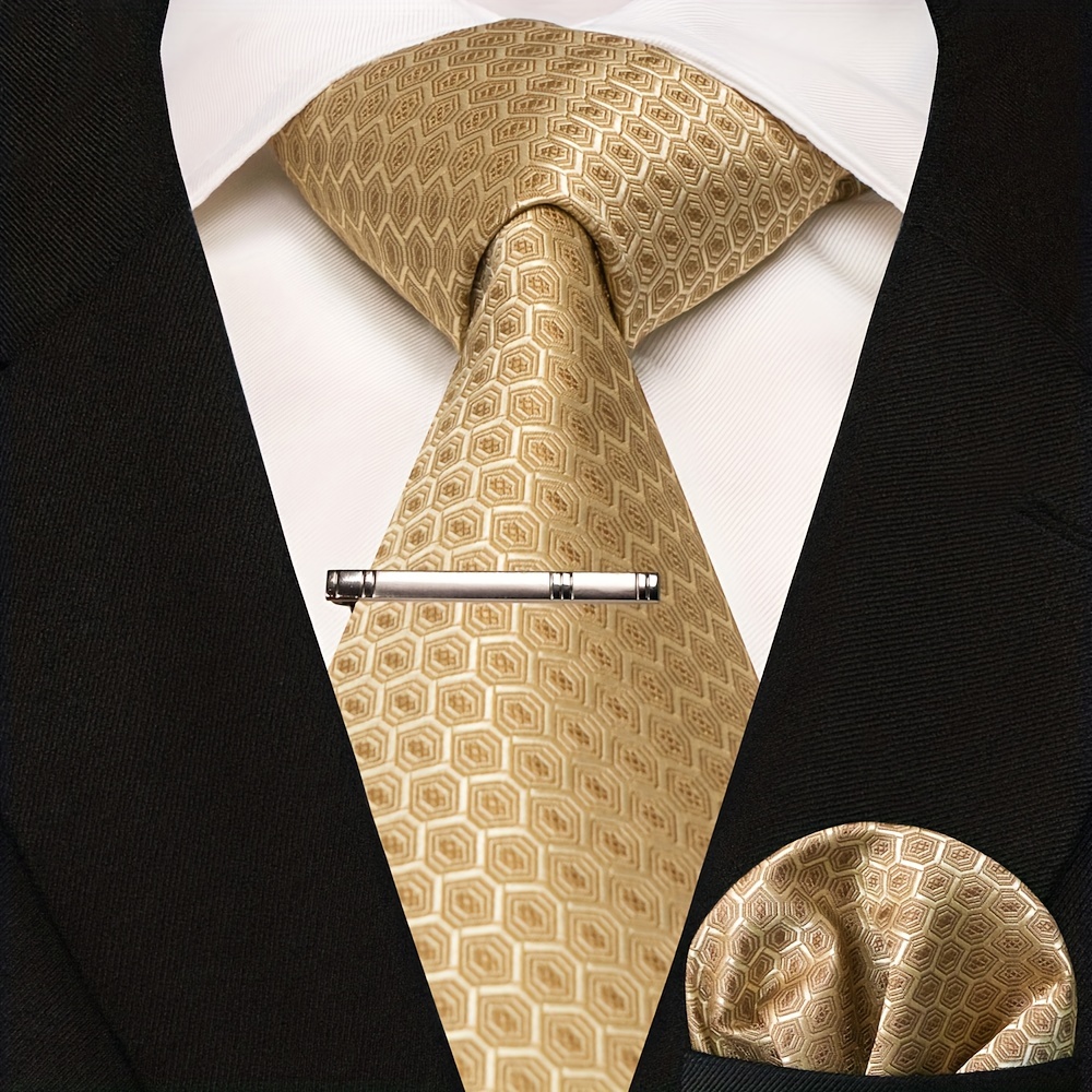 3pcs Dot Plaid Tie & Pocket Square Set w/ Tie Clip - Party & Business Men