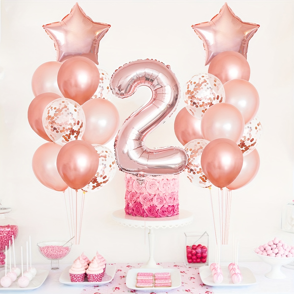 24pcs, Globos Mezclados en Oro Rosa para Decoración de Fiesta de Cumpleaños  de 2do, Decoración de Fondo de Cumpleaños para Niña de 2 Años, Decoración