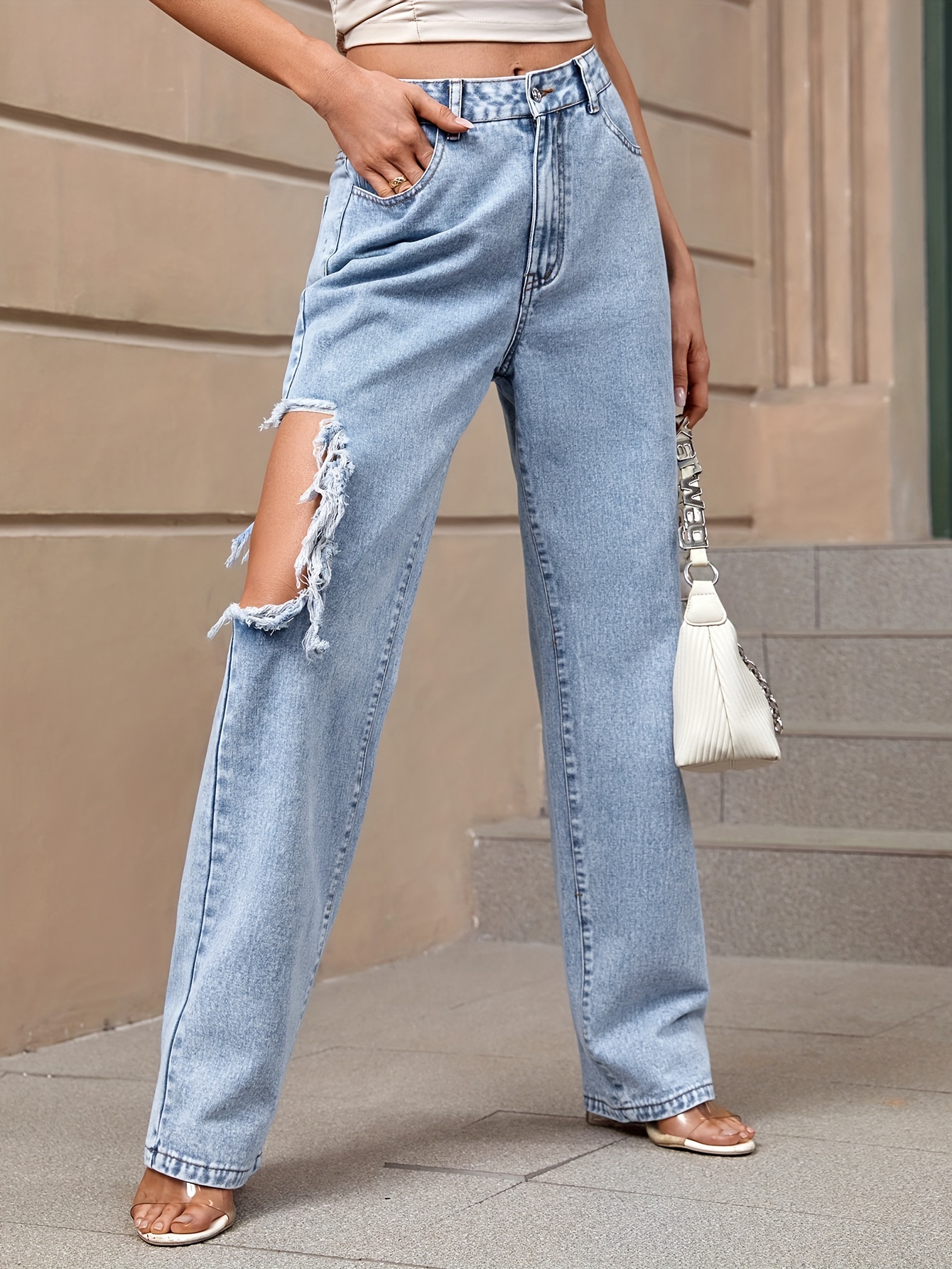 Calça Jeans Reta Rasgada De Cintura Alta, Bolso Inclinado Y2k Streetwear  Solta Perna Larga Calças Jeans, Jeans Femininos E Roupas