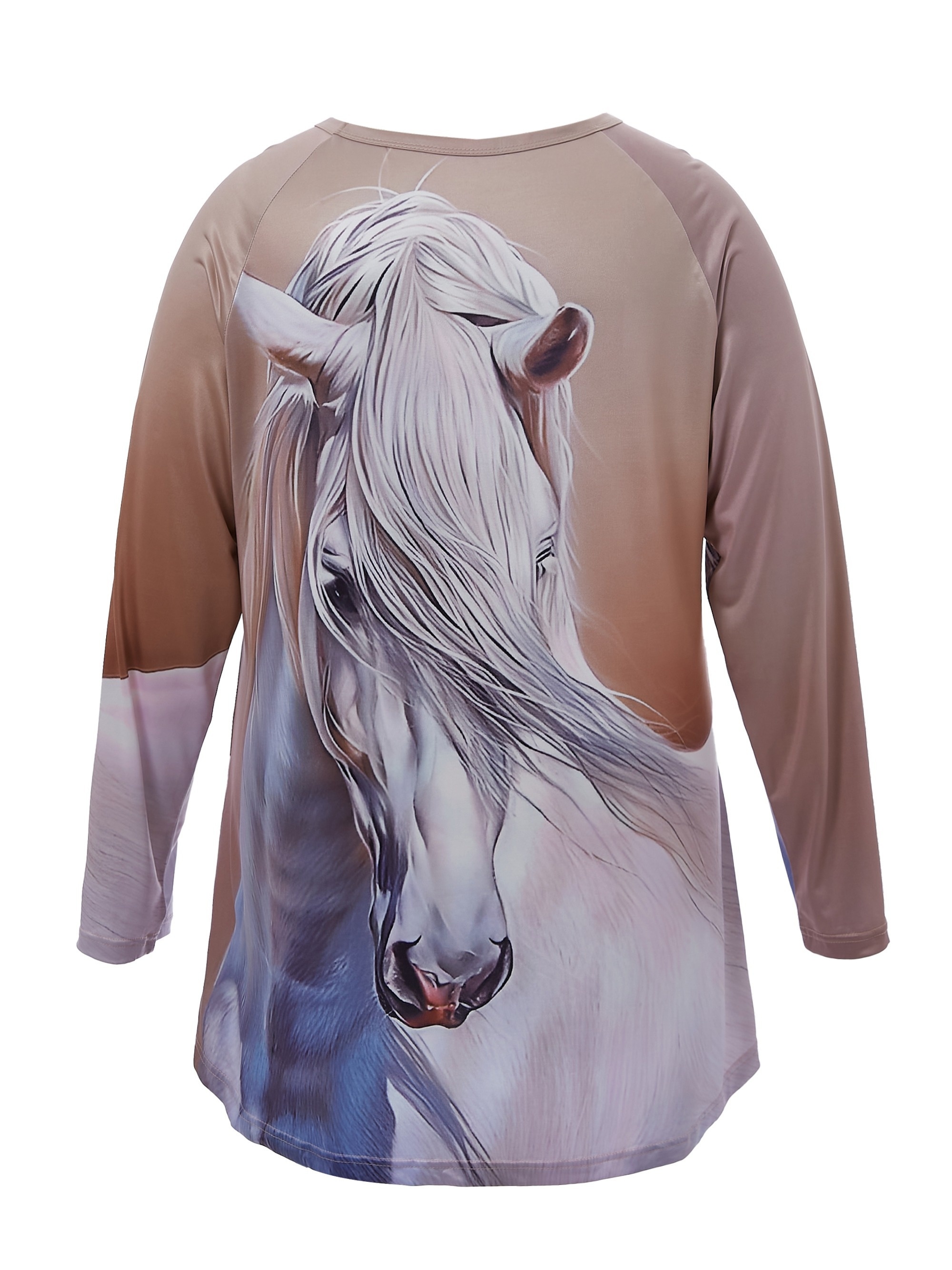 plus size casual top womens plus horse print long sleeve round neck slight stretch tunic top