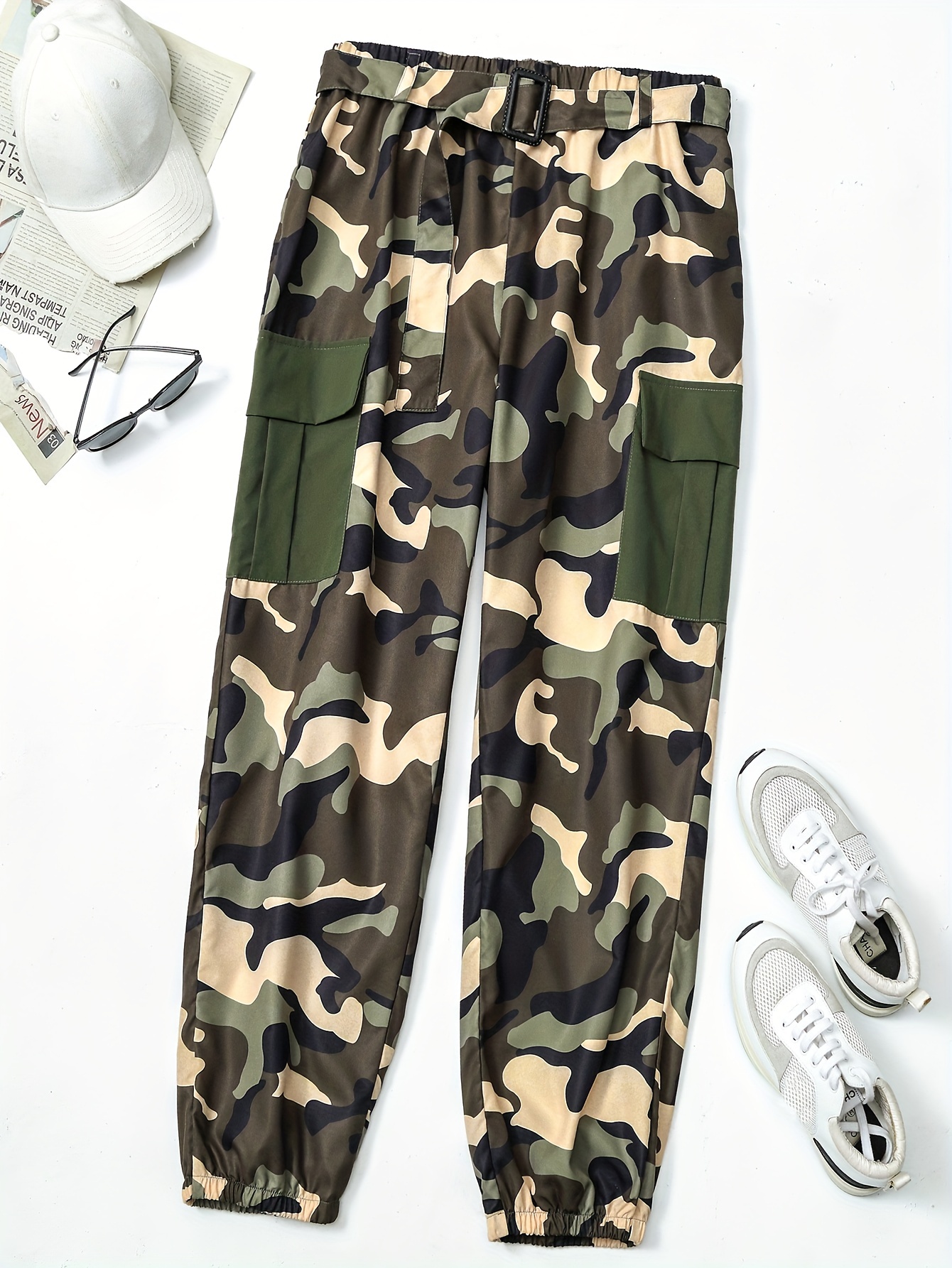 Plus Size Casual Pants Womens Plus Camo Print Flap Pocket Buckle