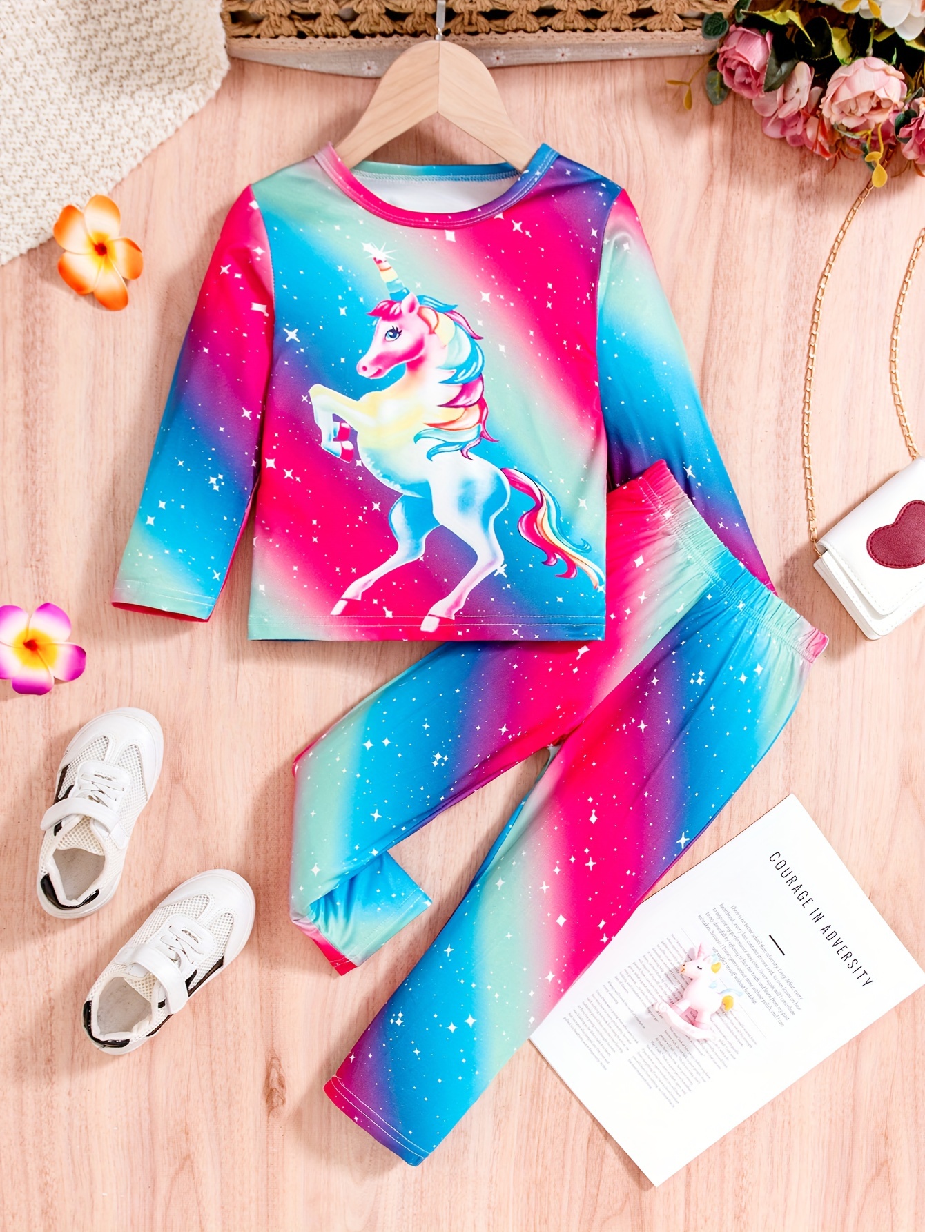 Trendy Girls Unicorn Print Ruffle Trim Top Splicing Jogger - Temu