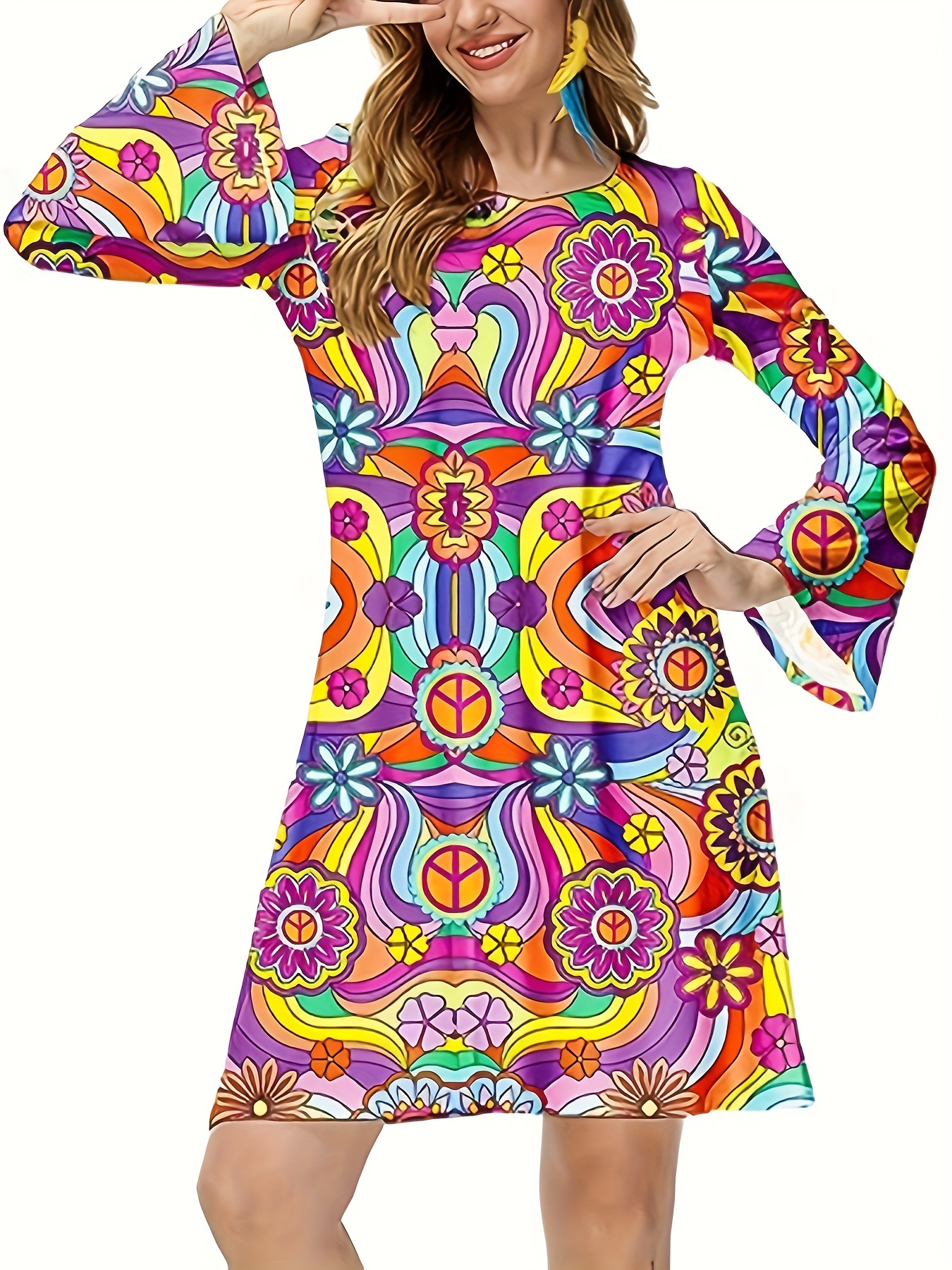 70s Hippie Halloween Costume Dress, Vintage Floral Flared Long