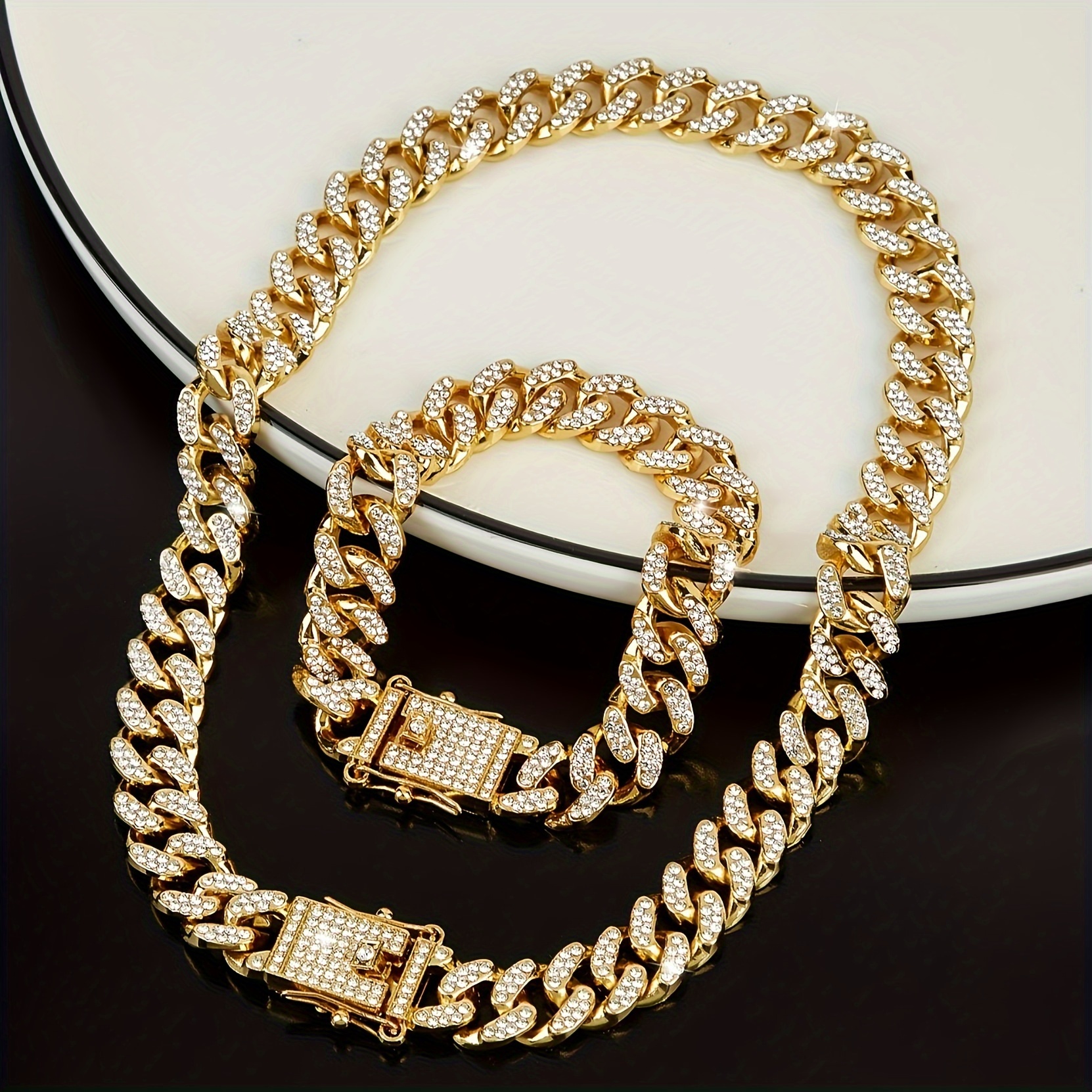 2pcs/set Hip Hop For Women Men Rhinestone Chain Jewelry Set Perfect Jewelry  Gift For Party