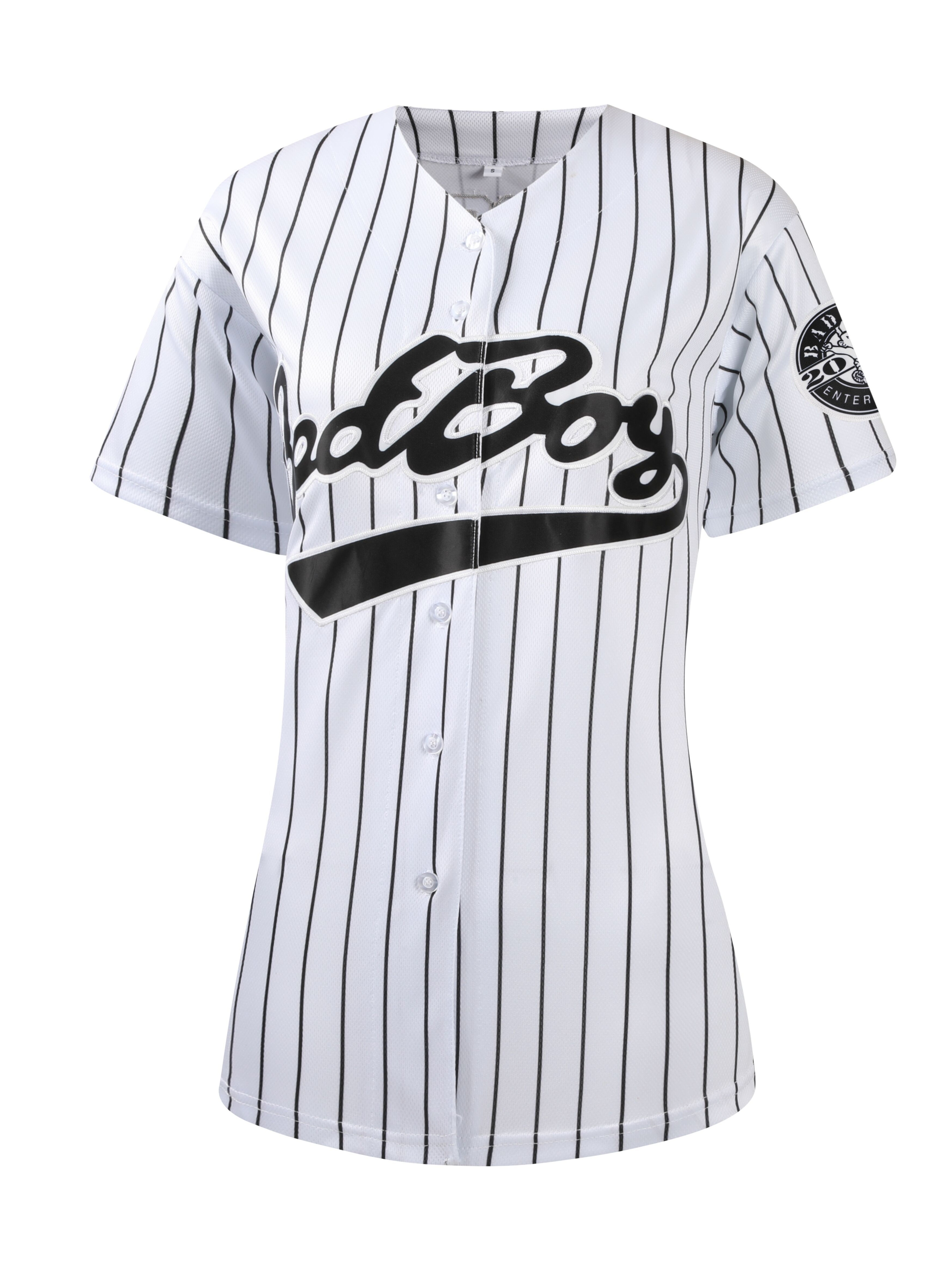 Temu Badboy White Stripe Baseball Jersey, Letter Printing V-Neck Button Short Sleeve Sports T-Shirt, Blouses, Tee, Hip Hop Street Art Design Top for