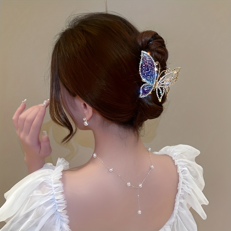 

Butterfly Hair Claw Clip Bright Rhinestone Metal Shark Clip Elegant Back Head Strong Grab Clip Hair Styling Accessories
