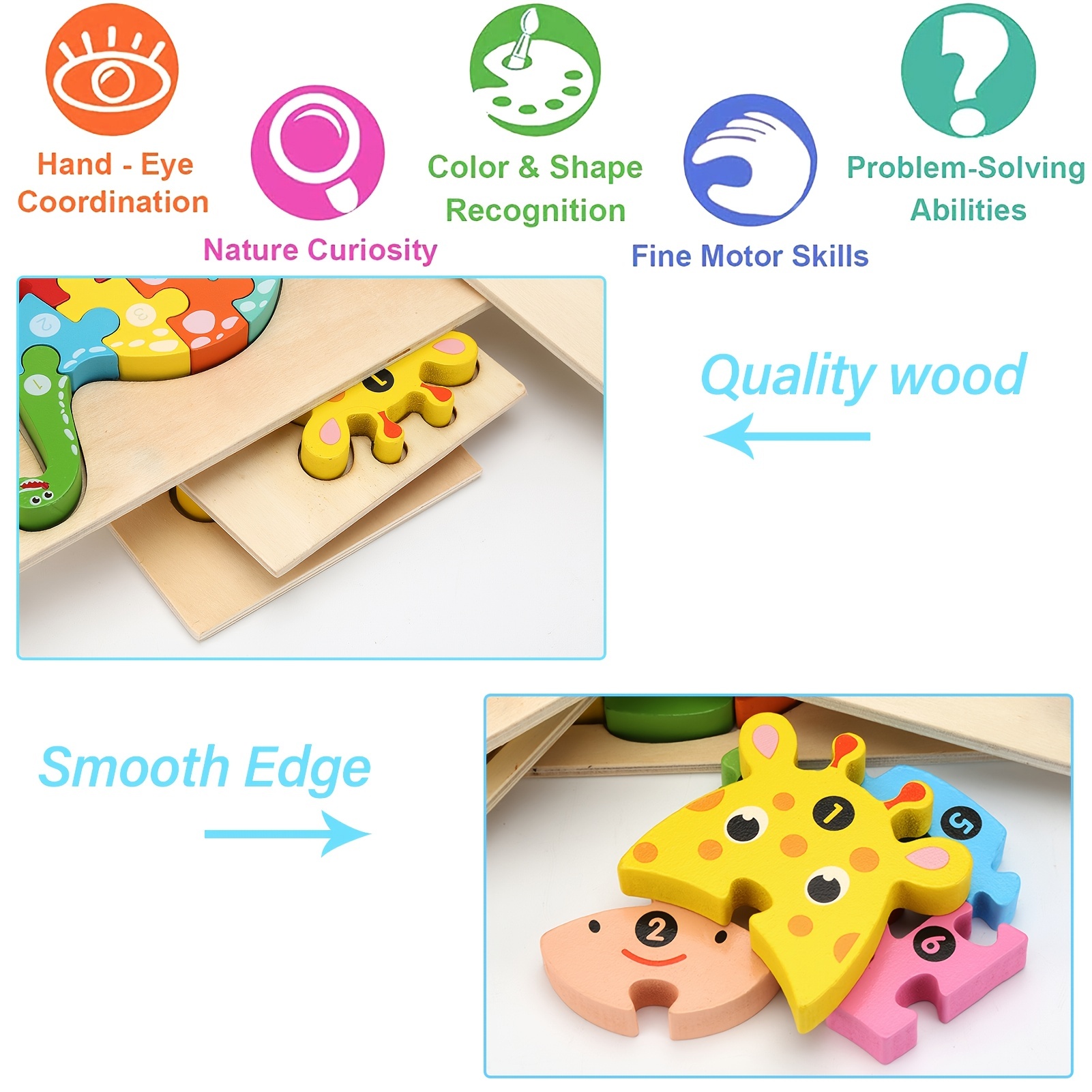 3-Pack Wooden Toddler Puzzles | Educational Toys for 2-4 Year Olds