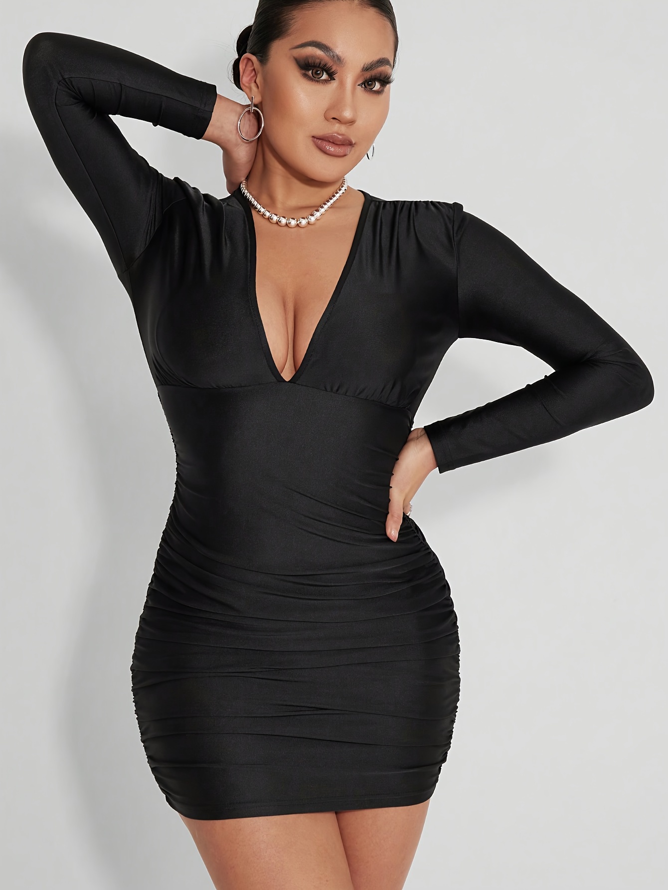 Ruched Solid Bodycon Dress Party Wear V Neck Long Sleeve - Temu