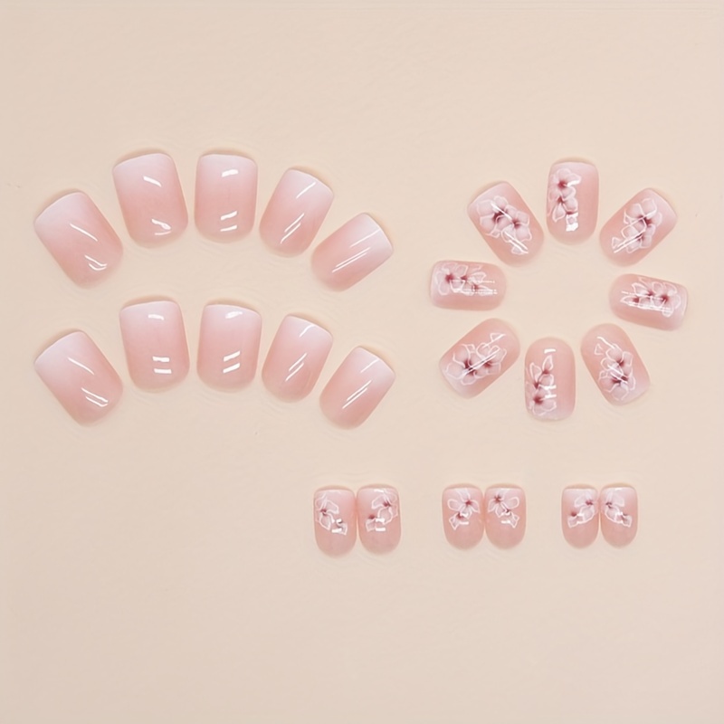 Delicate Floral Print Gradient Nail Tips Set Jelly Glue Nail - Temu