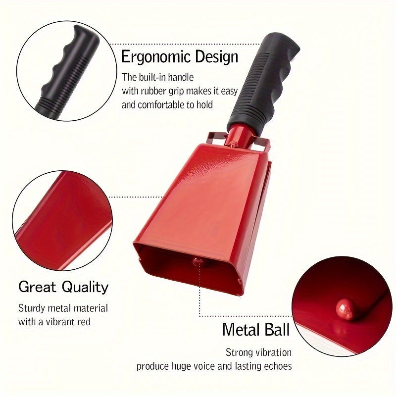 1pc Cow Bell Noise Maker, Cowbell with Handle for Sporting Events Football  Game Cheering Bells Large Solid School Bells Hand Call Bell (Red)