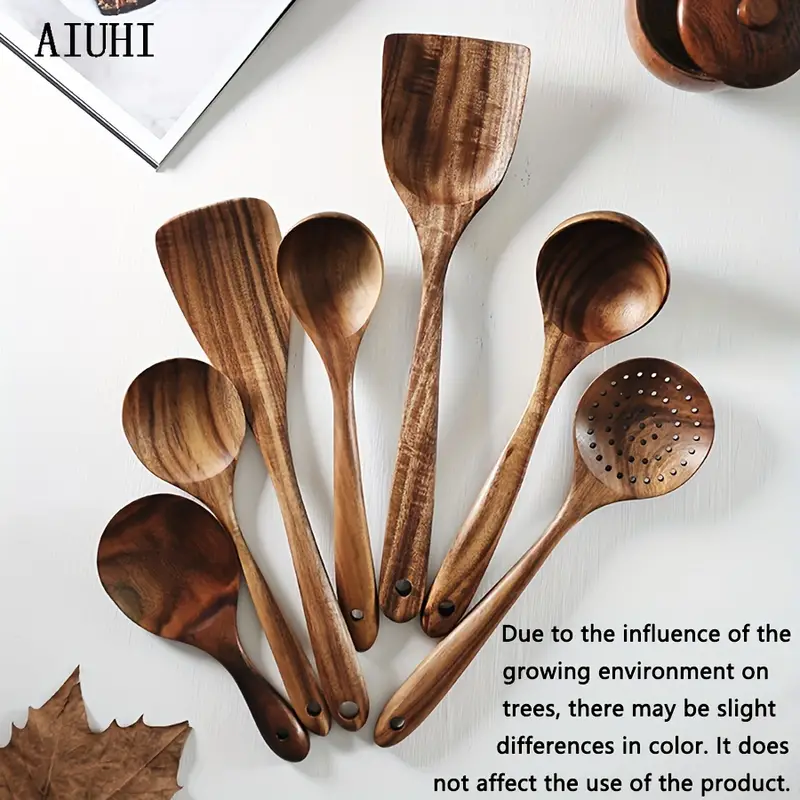 Natural Teak Wooden Spoons Cooking Non stick Spatula Set - Temu Canada
