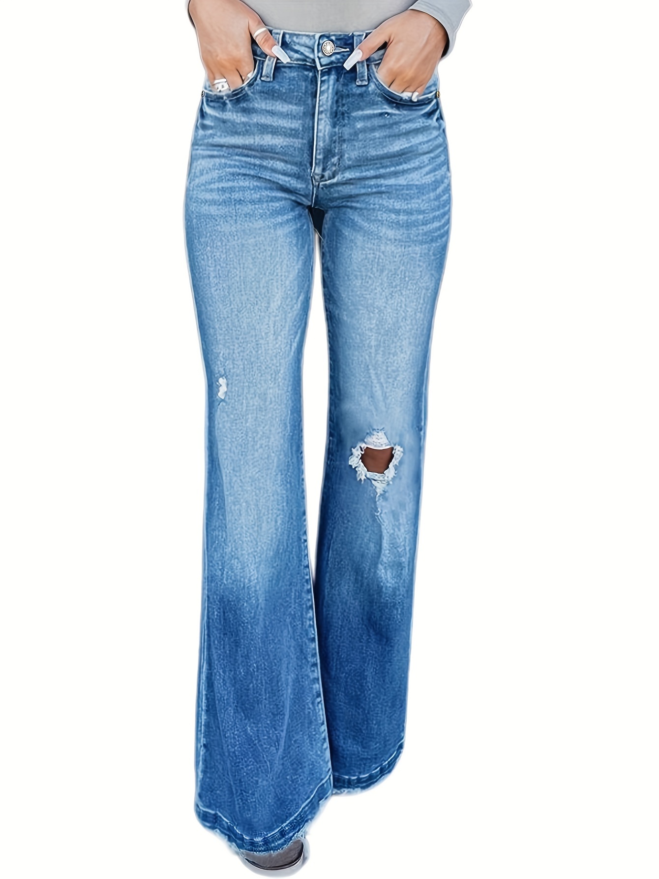 Ripped Holes Washed Baggy Jeans Loose Fit Hem Wide Legs - Temu Canada