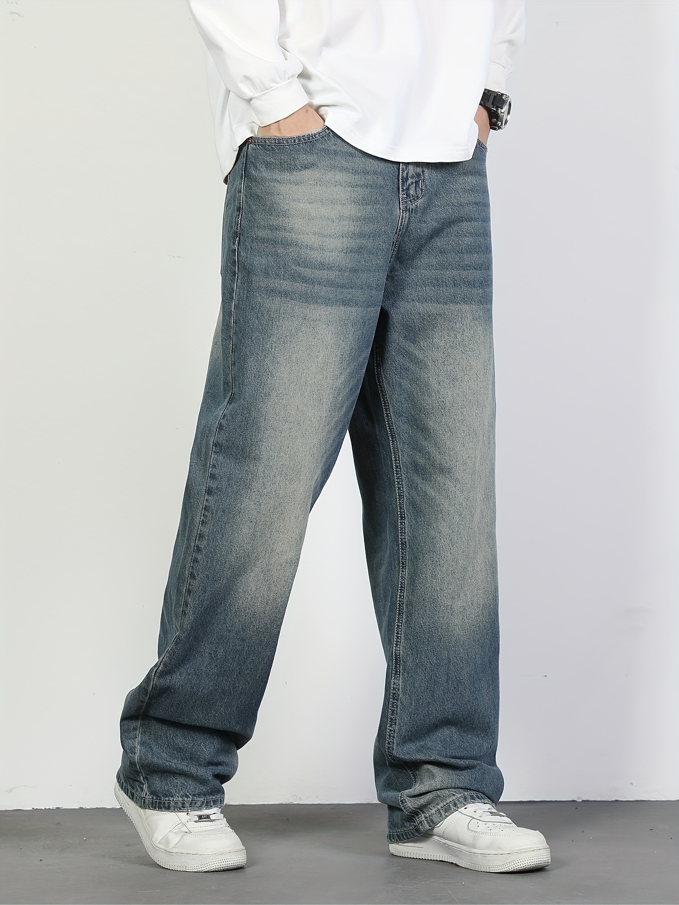 Men's Casual Loose Fit Wide Leg Jeans Chic Street Style - Temu