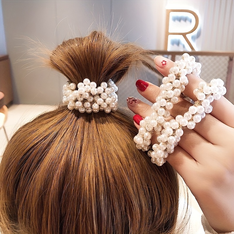 chic pearl beaded hair ties stretchy versatile - Temu display picture 3