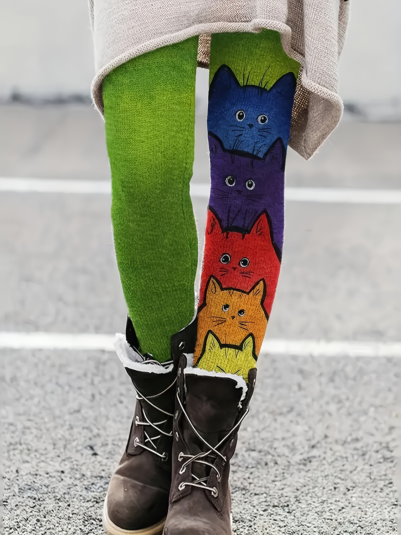 Plus Size Casual Leggings Women's Plus Colorful Cat Print - Temu