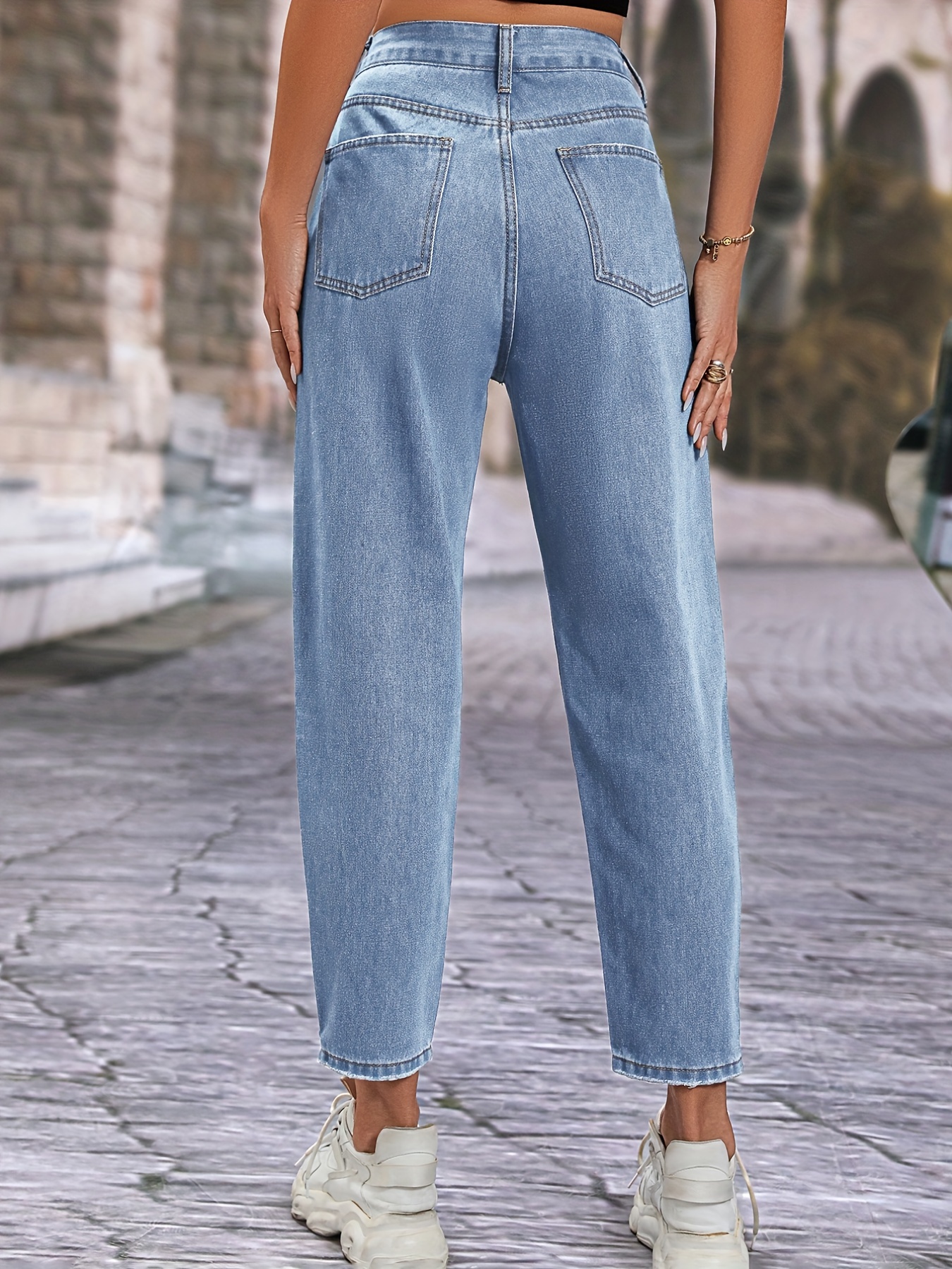 Blue Adjustable Button Waist Tapered Jeans, Slant Pockets Straight Legs  Denim Pants, Women's Denim Jeans & Clothing