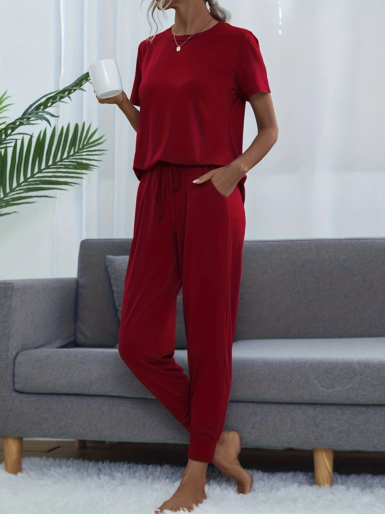 Comfy Solid Lounge Set Casual Short Sleeve Top - Temu Italy