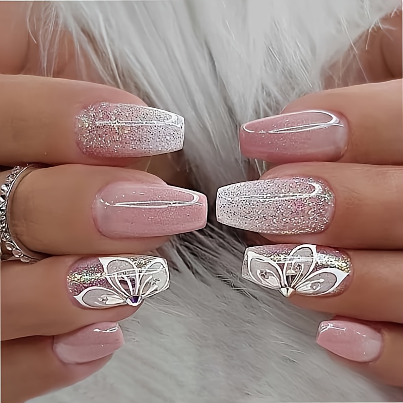 Sparkling White Acrylic Ballerina Press On Nails Full - Temu