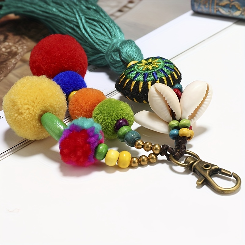 Women Colorful Boho Pom Pom Tassel Bag Charm Key Chain Fashion Jewelry