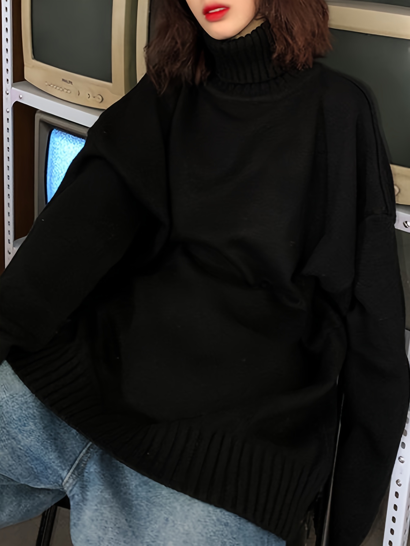 Schwarzer Rollkragenpullover Damen Enger Rollkragenpullover - Main Image