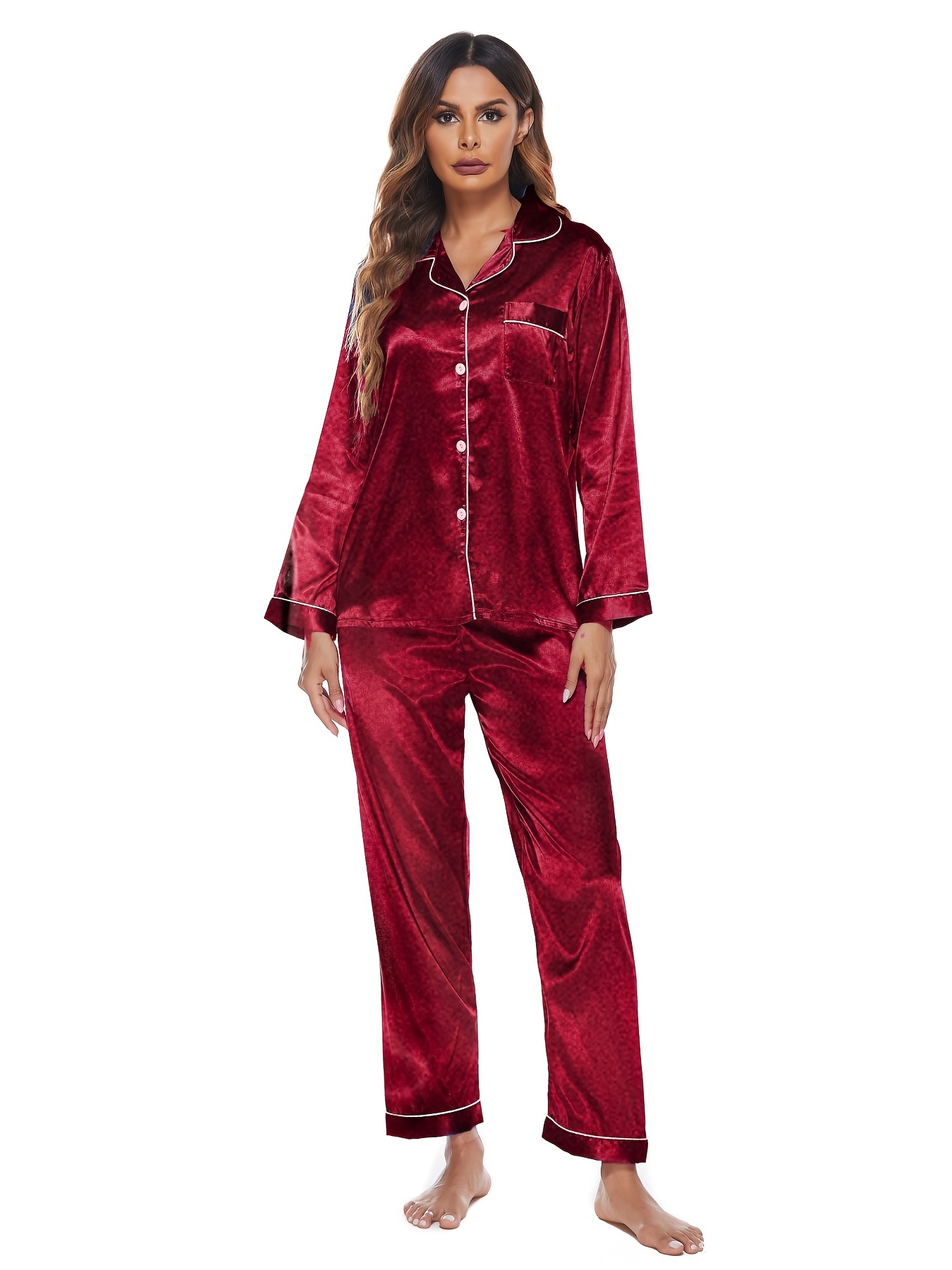 satin solid pajama set long sleeve button up top elastic waistband solid pants womens sleepwear loungewear
