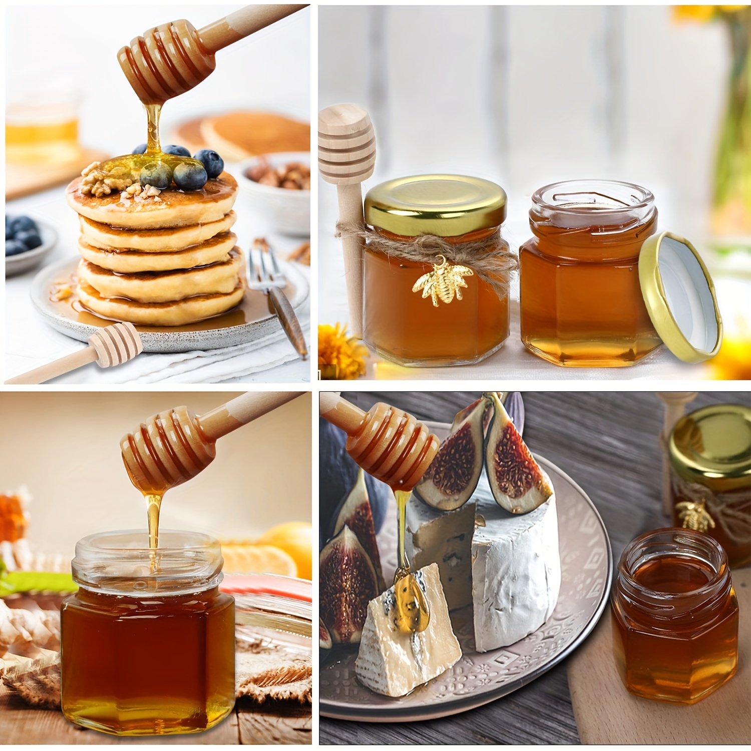 Mini tarros de miel, con cuchara de madera, tarros hexagonales de vidrio de  1.5 onzas con tapas doradas, colgantes de abeja dorada, yute decorativo