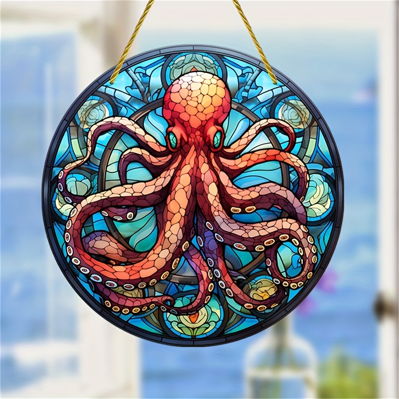 1pc, Octopus Suncatcher, Fenêtre En Vitrail Coloré, Panneau Acrylique,  Ornament De Noël Suspendu, Décoration D'hiver