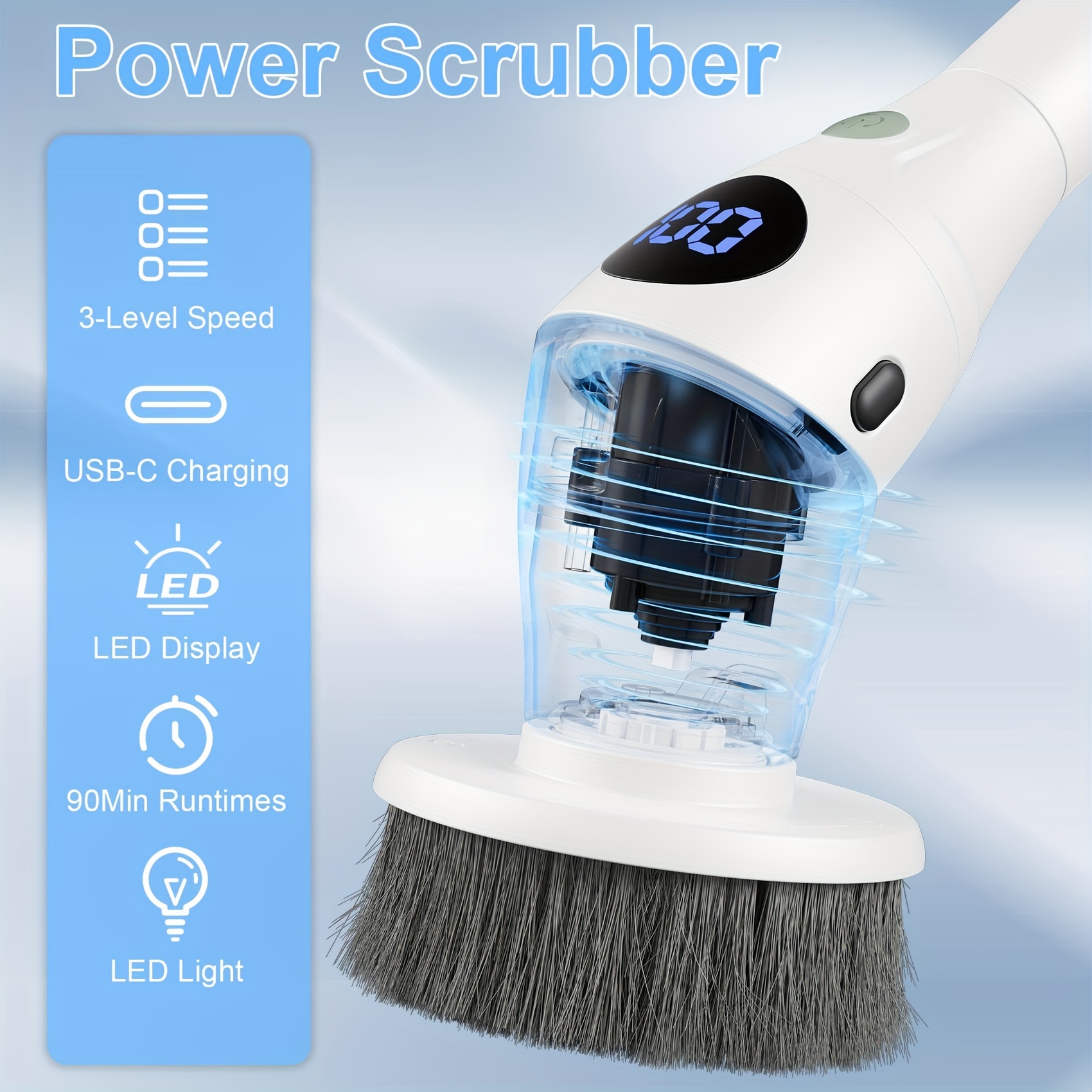 Electric Spin Scrubber Long Handle Cleaning Brush 2 Rotating Speeds  Electric Wireless Charging Brush Cleaning Heads Home Cleaner