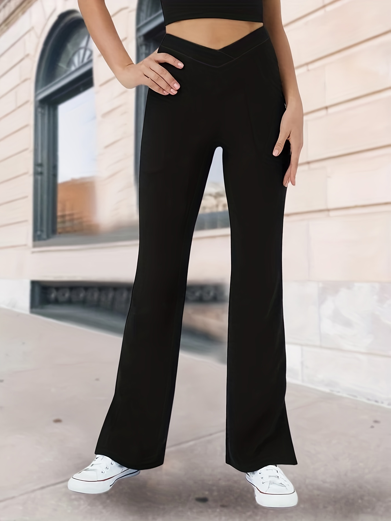 Solid Cross Waist Bootcut Pants, Casual High Waist Pants For Spring & Fall,  Women's Clothing