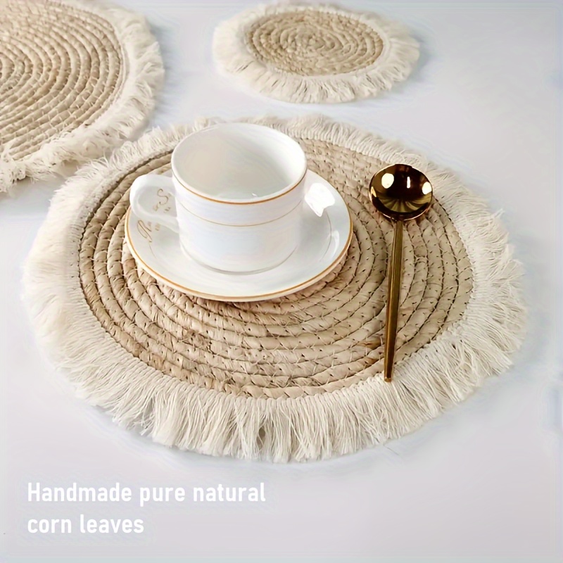 

1pc, Placemat, Modern Simple Style Straw Table Mat, Corn Leather Woven Table Pad, Tassel Edge Thickened Heat Insulation Table Pad, Small Tea Coaster, Dining Table Mat For Restaurants, Cafes