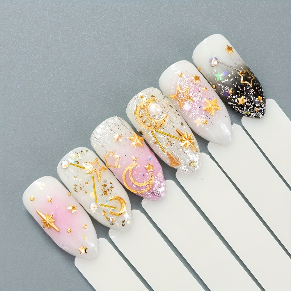 WEILUSI 6 Boxes 3D Gold Nail Studs Nail Rivets Set Hollow Moon Star Shapes  Nail Jewelry Gold Sliver Rose Gold Nail Charms for Manicure DIY Nail Art