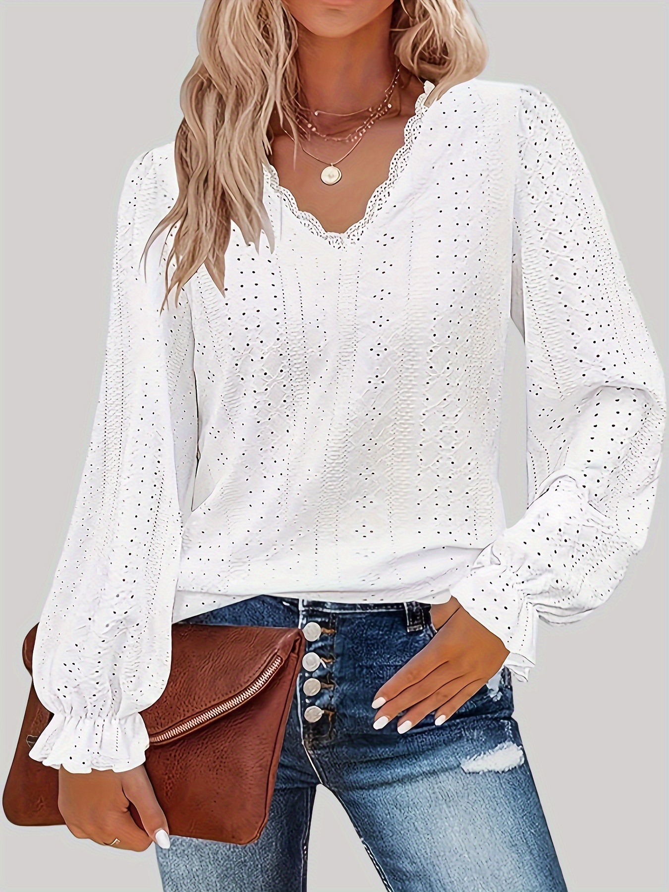 Causal Solid Eyelet Embroidered T Shirt Layered Hem Sleeve T - Temu