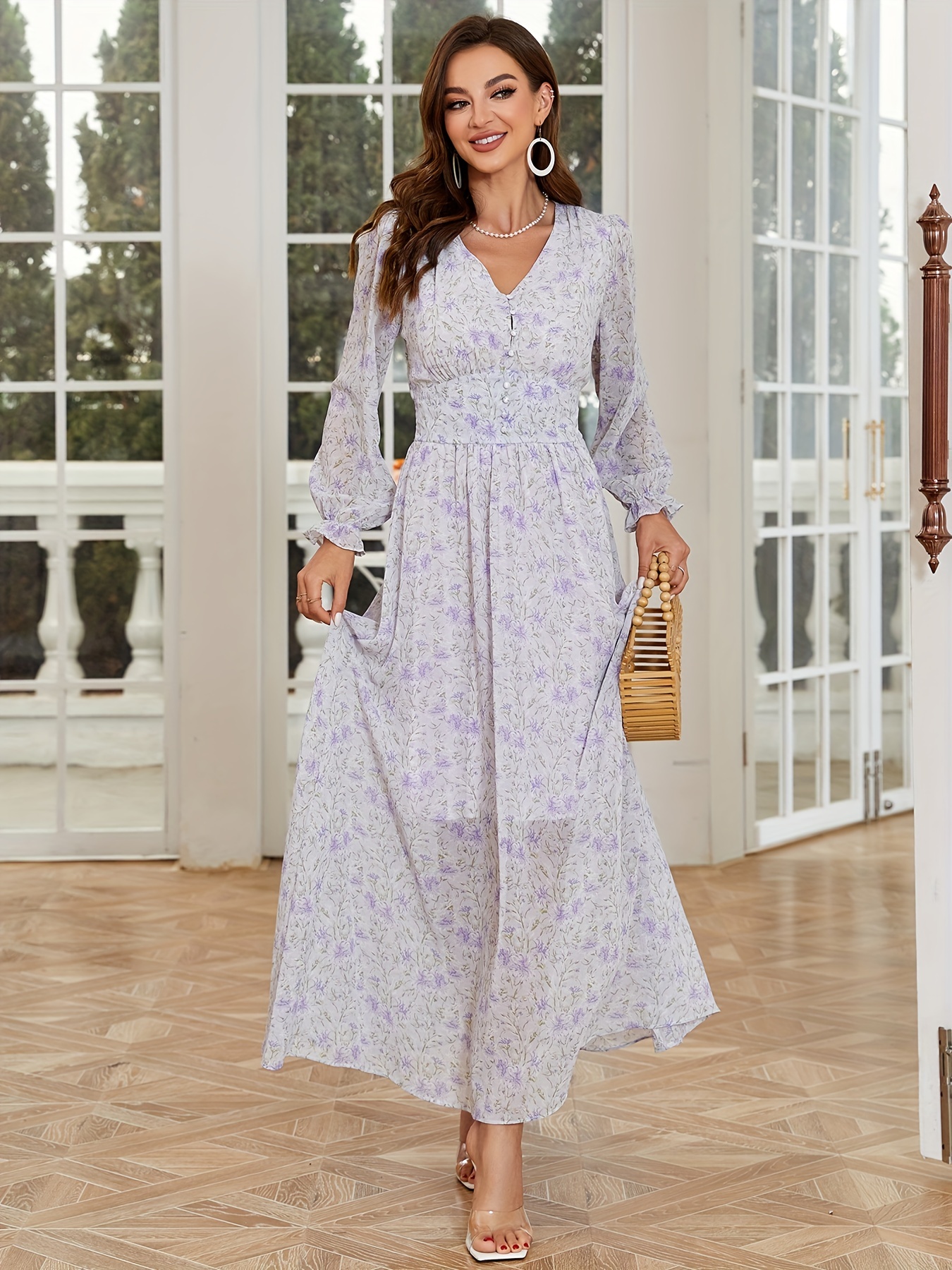 Ditsy Floral Print Dress, Elegant V Neck High Waist Loose Long