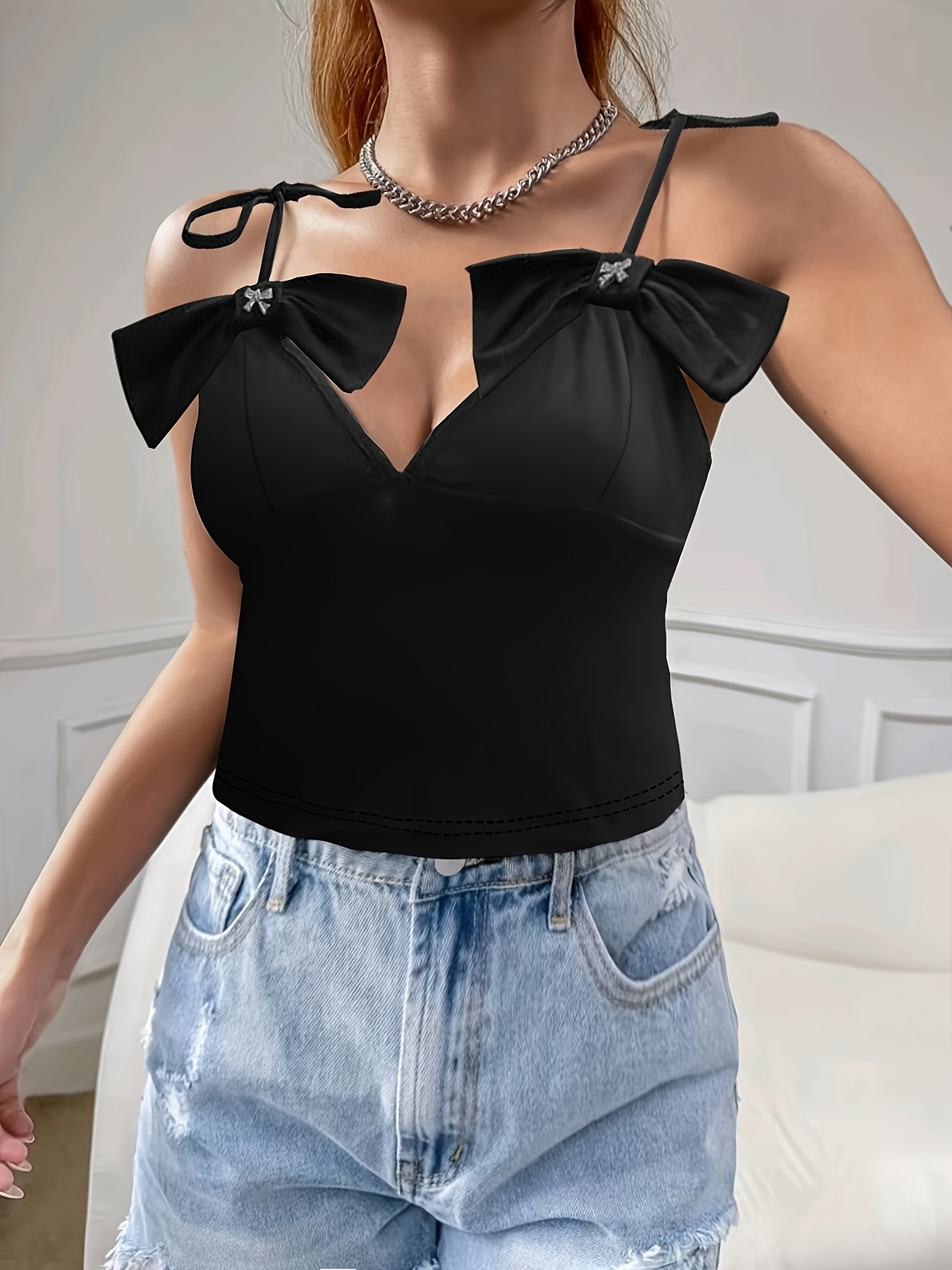 Solid Color Spaghetti Strap Top, Casual Tie Bow Front Sleeveless Cami Top  For Summer, Women's Clothing