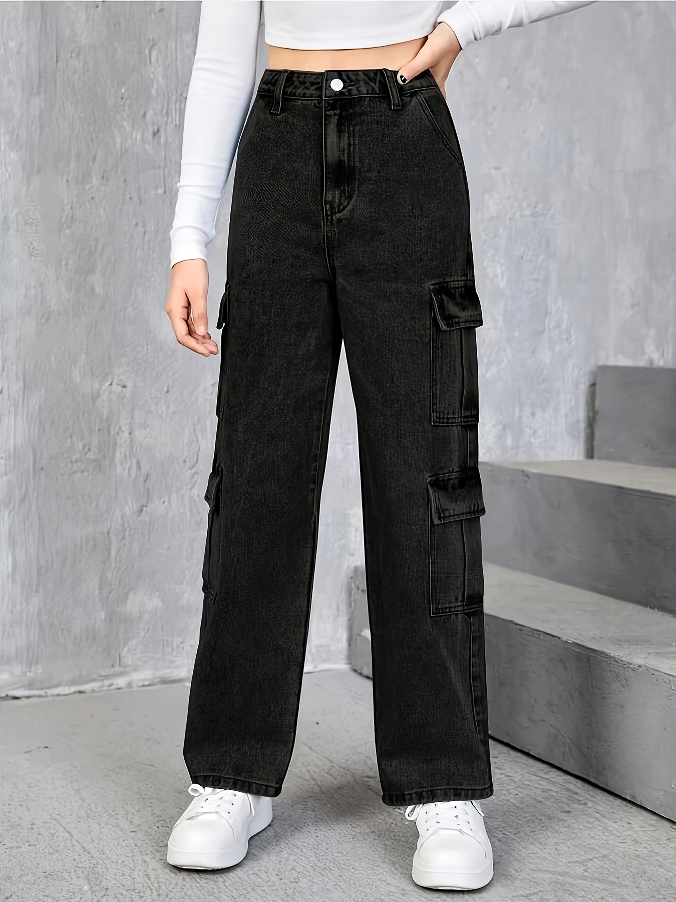 Girls Black Jeans Multi Pockets Street Style Cargo Pants - Temu Canada