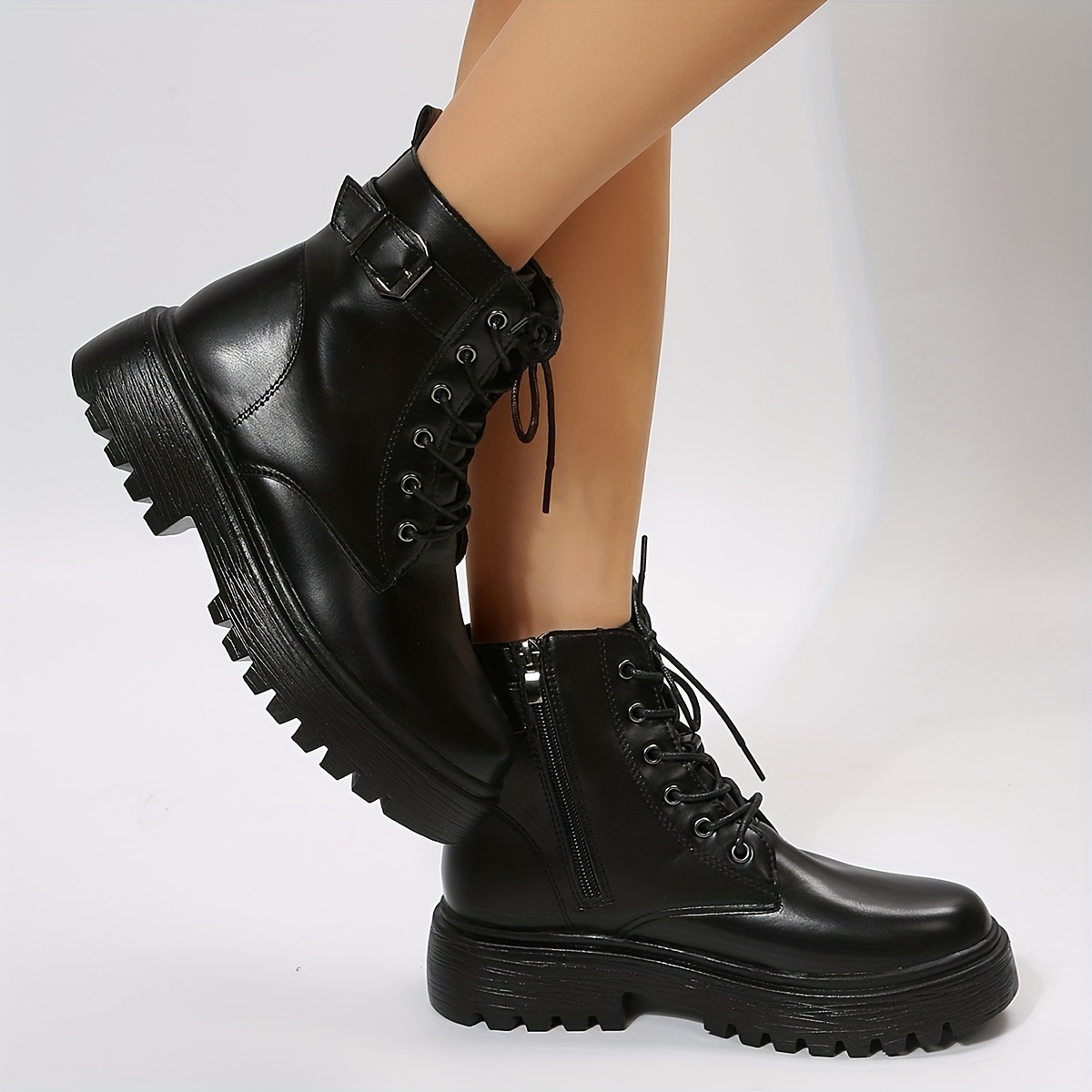 Women's Lace-Up Combat Boots Round Toe Side Zip Outdoor Short Boots