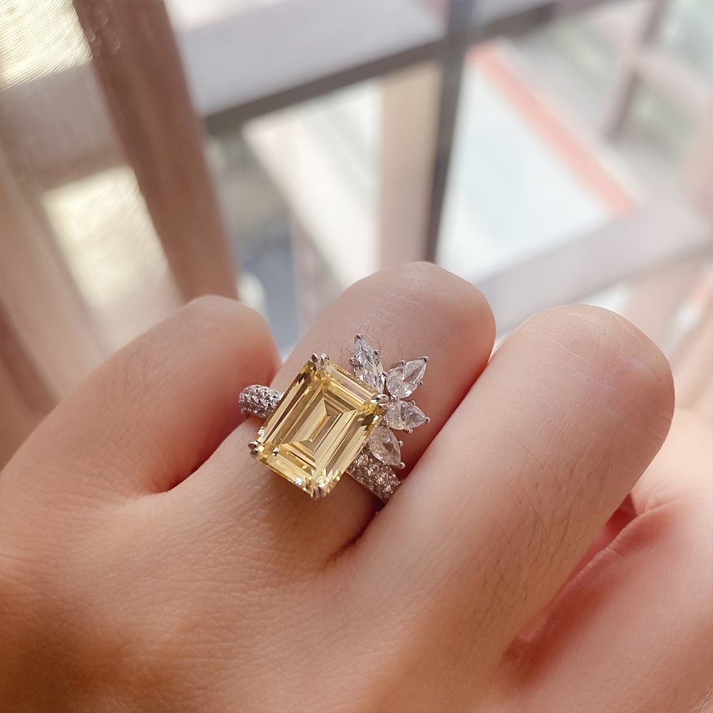 Yellow Square Zircon Ring, Glitter Finger Ring