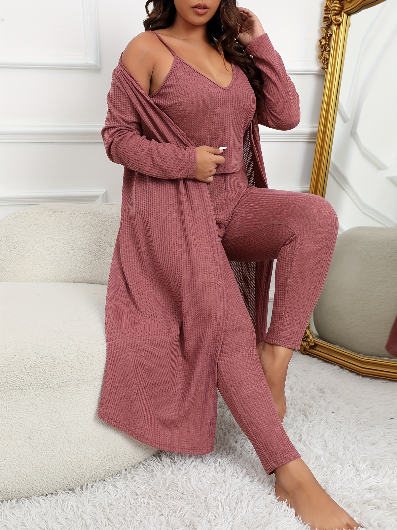 Plus Size Casual Outfits Set Women's Plus Solid V Neck Long - Temu