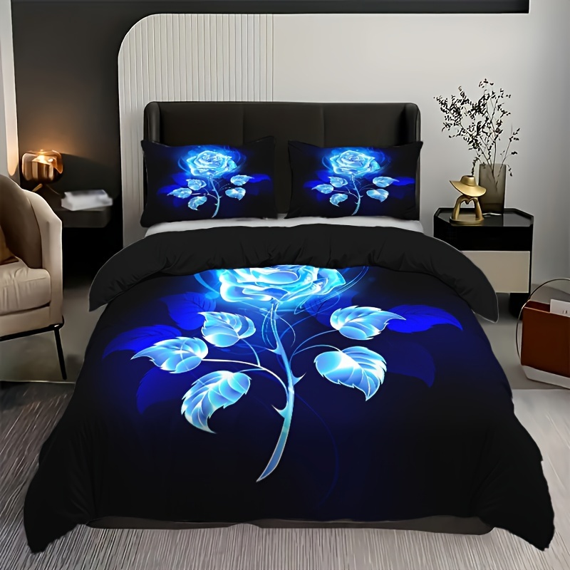 Image of Rose Duvet Cover Set Blue Floral Printed Bedding Set 2/3pcs Soft Polyester Romantic Comforter Cover Set Home Decor For (1 Duvet Cover + 1/2 Pillowcases, Without Core)