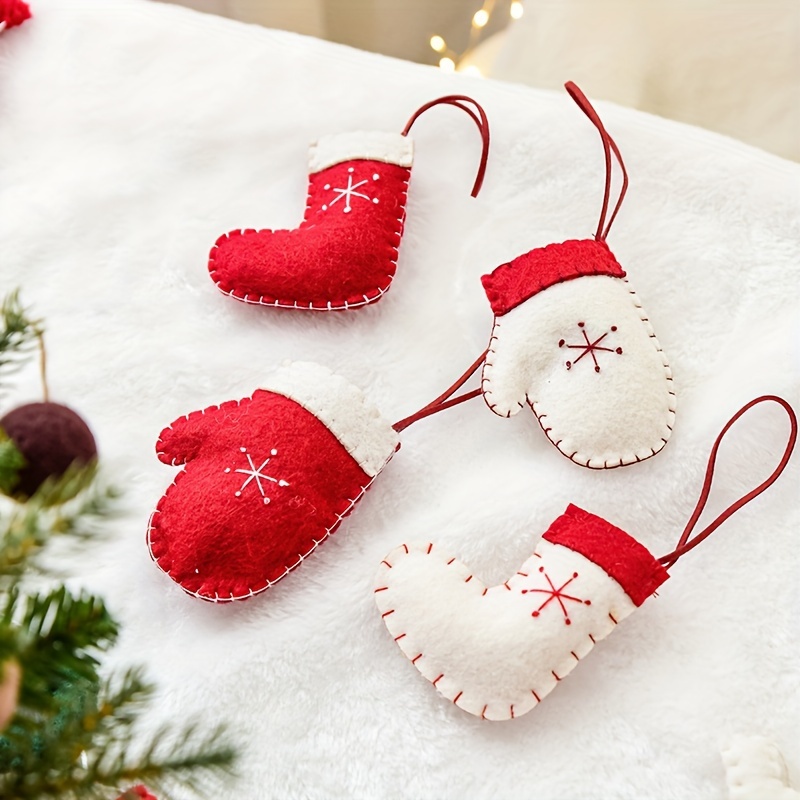 

Christmas Tree Ornaments, Wool Felt Mini Mitten & Stocking Pendants, 3.94in Festive Handcrafted Decor, Contemporary Holiday Diy Hanging Accents, Red And White