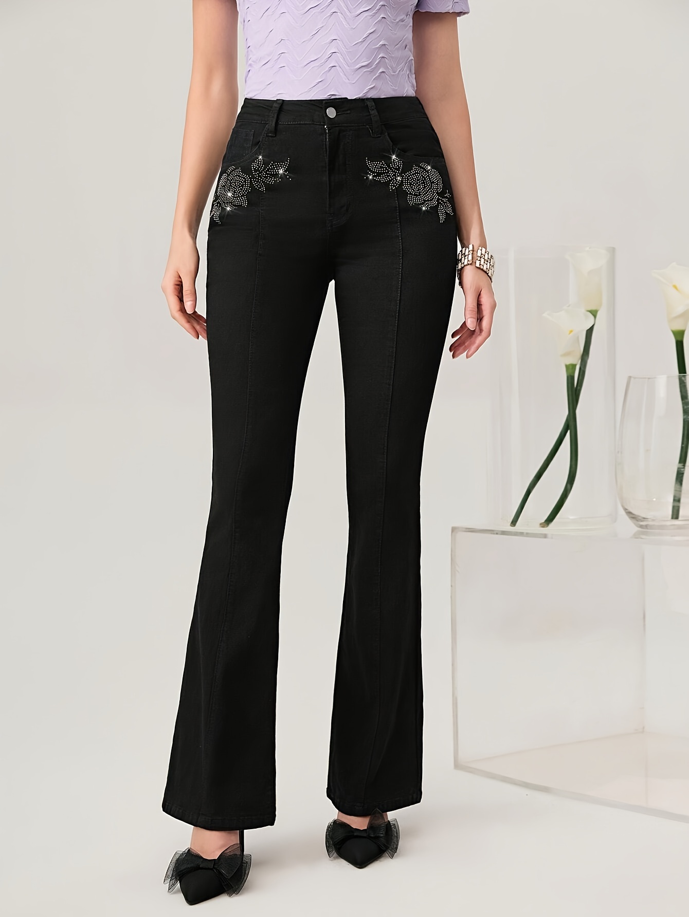 Rhinestone Faux Pearl Decor Bootcut Jeans High Waist - Temu