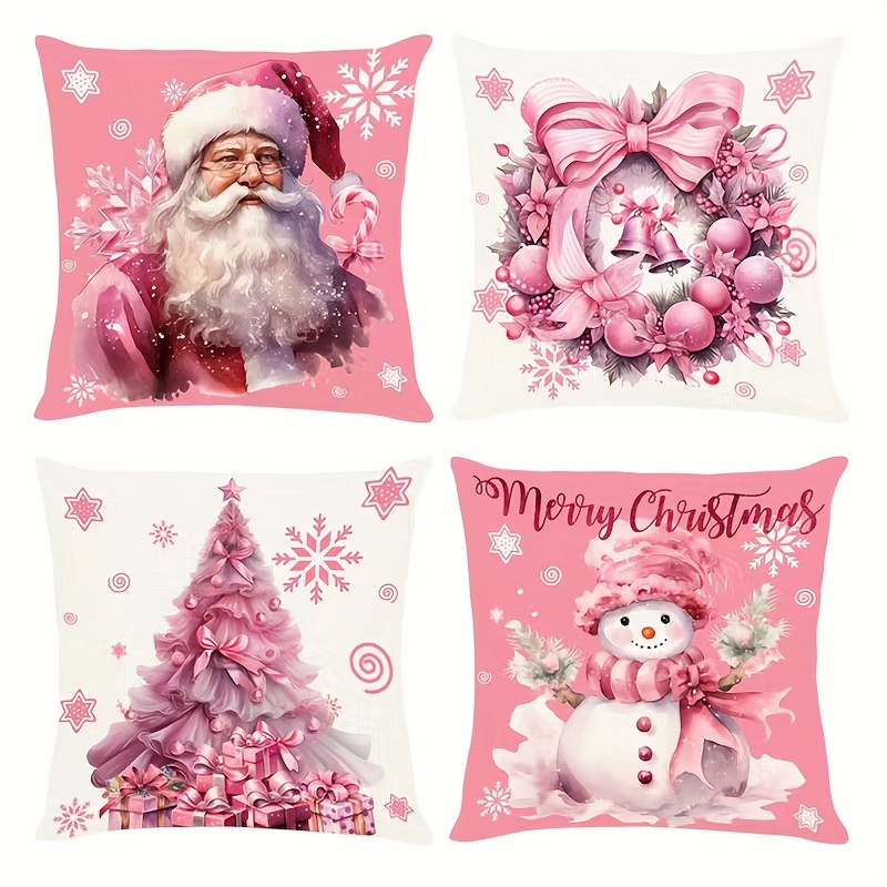 4pcs Pink Christmas Pillow Covers, Farmhouse Christmas Decorations