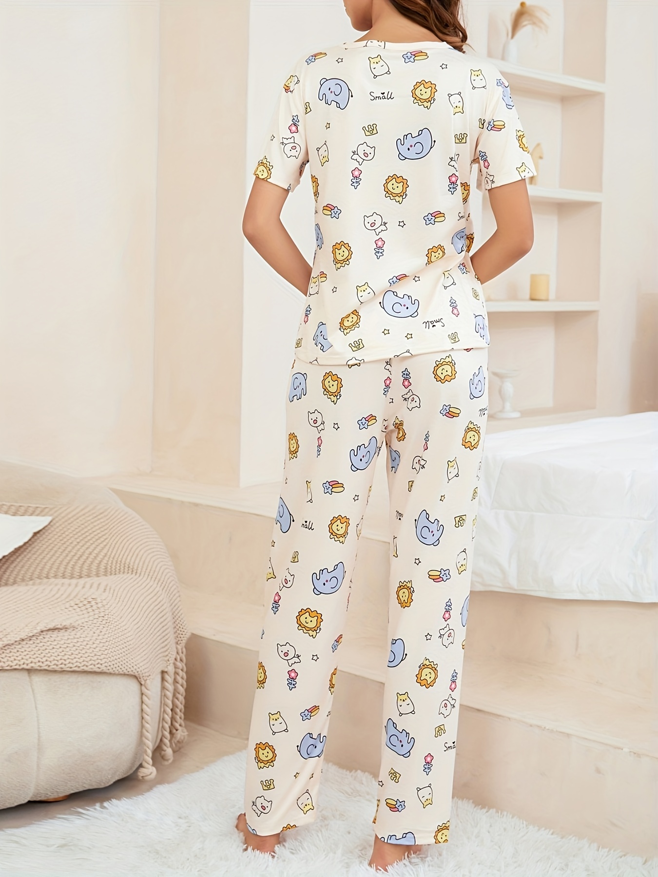 Cartoon Elephant Print Pajama Set Short Sleeve Crew Neck Top