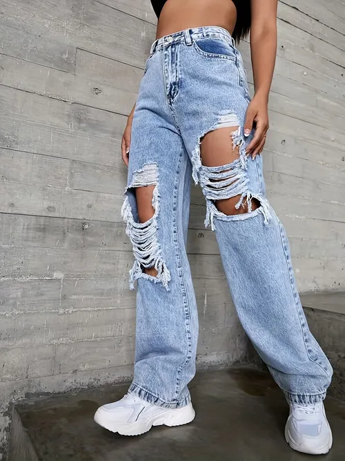 Blue Baggy Ripped Jeans - Temu