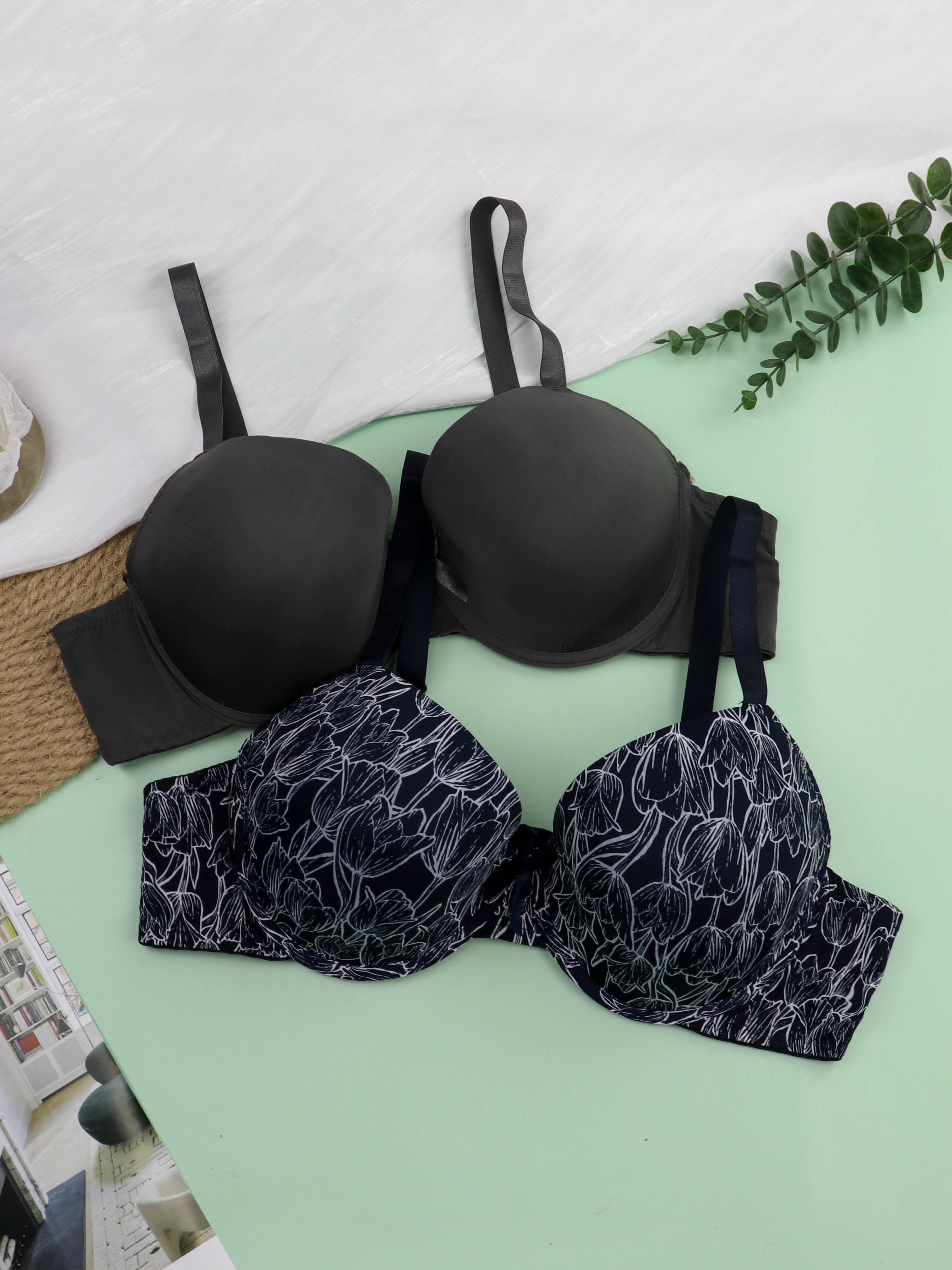 Push Up Bra and Panties Set for Women Floral Lace Bra Underwire Full  Coverage Bra and Knickers Set Plus Size Lingerie Set(Size:70A,Color:Black)