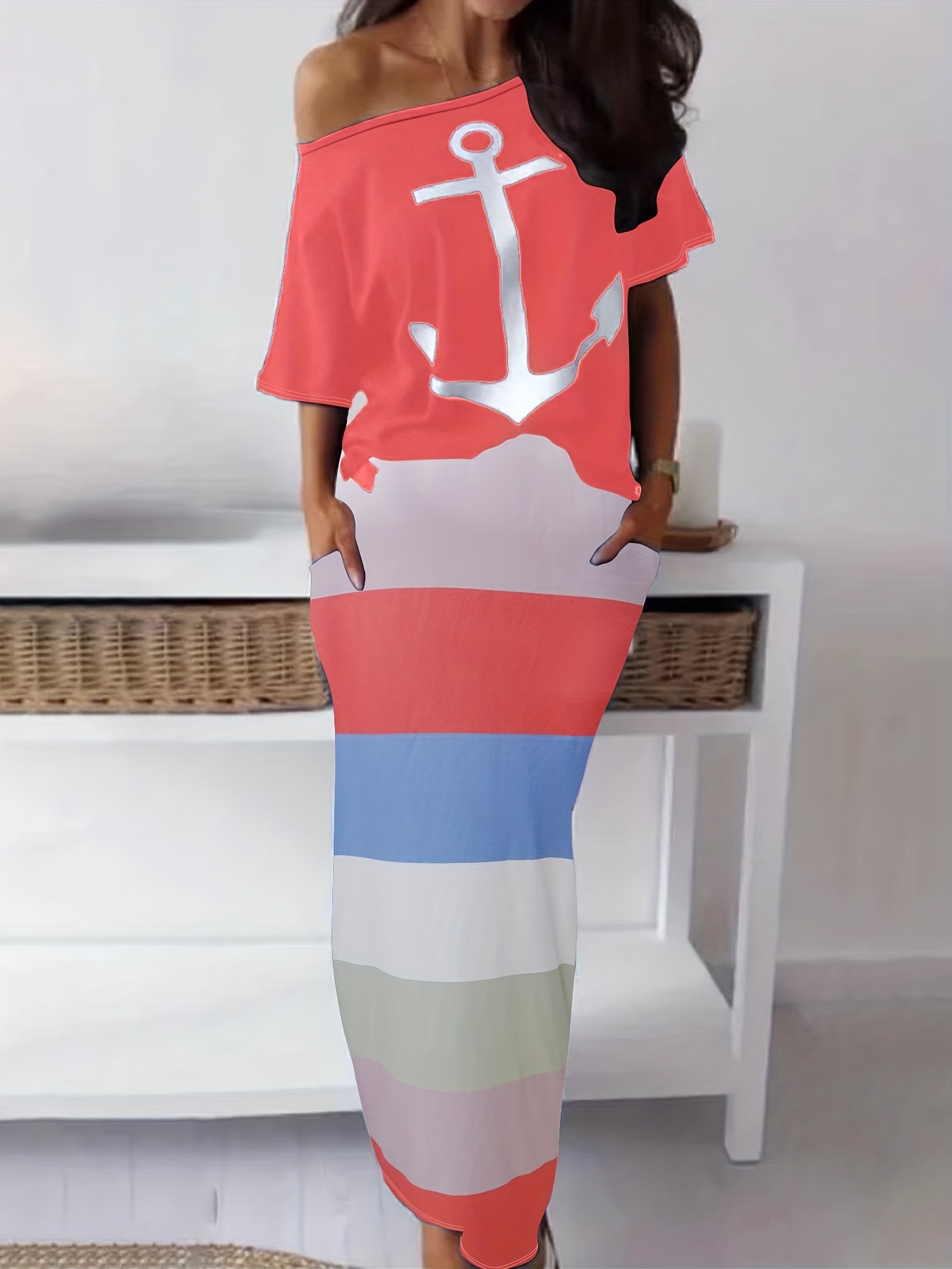 Plus Size Casual Outfits Set Women's Plus Anchor Print Long - Temu