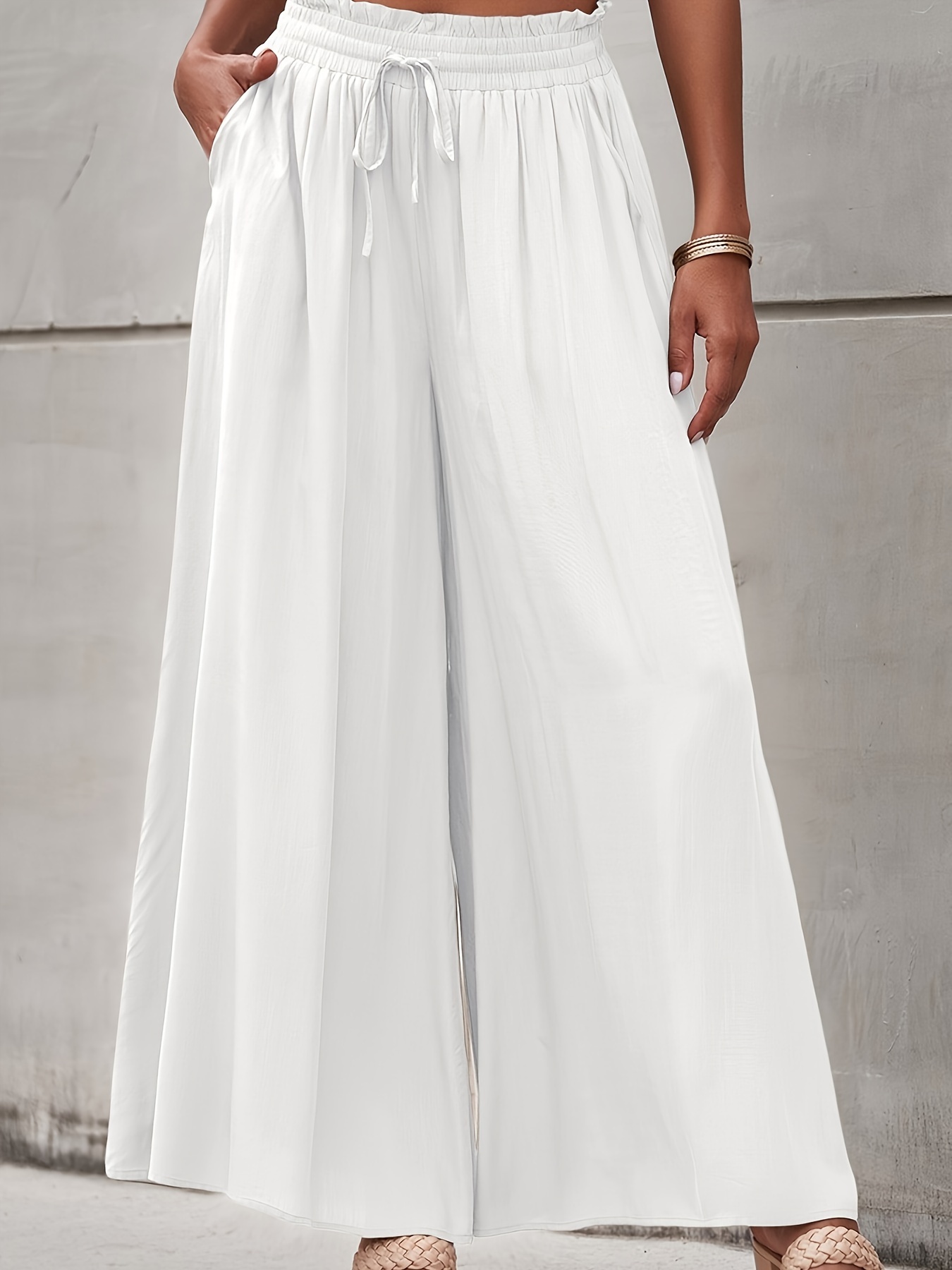 Solid Drawstring Elastic Waist Wide Leg Pants Casual Loose - Temu